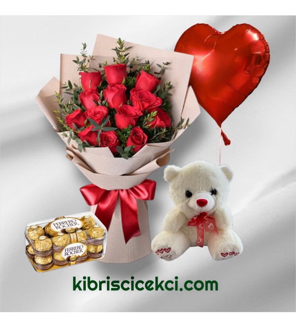 13 Kırmızı Gül Buketi 16'lı Ferrero Çikolata Ayıcık Kalp Helyum Balon